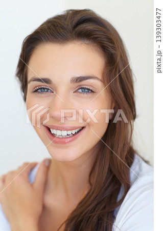 Portrait, aesthetic and beauty with a young woman in studio on a white background for natural skincare. Face, smile or dermatology and a happy person looking confident with her antiaging skin routine 139303477