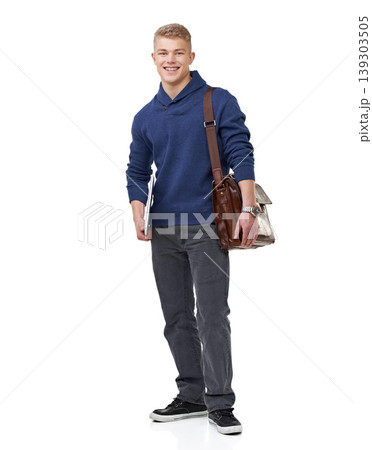 Smile, briefcase and portrait of businessman in a studio with elegant, stylish and fancy outfit for fashion. Bag, confidence and happy young male model with cool style isolated by white background. Smile, briefcase and portrait of businessman in a studio with elegant, stylish and fancy outfit for fashion. Bag, confidence and happy young male model with cool style isolated by white background. 139303505