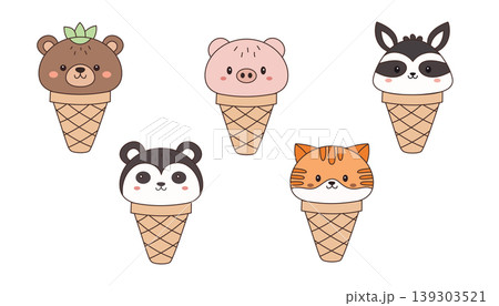 animal ice cream cone illustrations featuring bear, pig, panda, raccoon, and cat animal ice cream cone illustrations featuring bear, pig, panda, raccoon, and cat 139303521