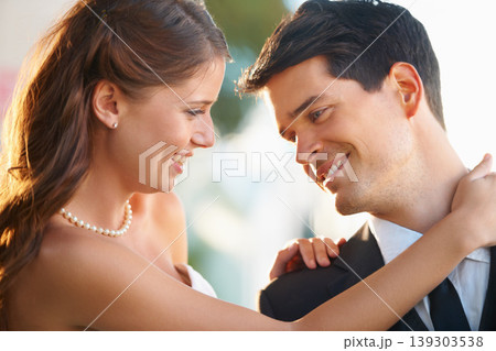 Bride woman, hug groom and wedding with smile, care and excited with love, care and fresh start in sunshine. Couple, memory and commitment to marriage in summer, outdoor and together for celebration Bride woman, hug groom and wedding with smile, care and excited with love, care and fresh start in sunshine. Couple, memory and commitment to marriage in summer, outdoor and together for celebration 139303538