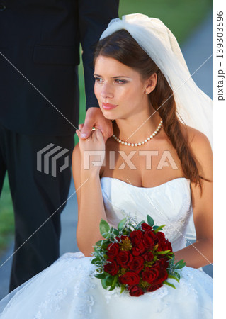 Woman, bride and roses while holding hands with groom in wedding dress, marriage or commitment in outdoor love together. Attractive female person or fiance getting married at bridal event or ceremony 139303596