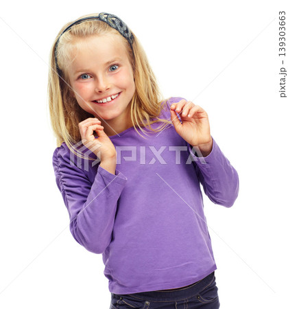 Girl, child and portrait in studio or happy, confidence and excited with fashion and casual style or outfit. Person, face and kid with smile, hands or cheerful on white background or mock up space 139303663