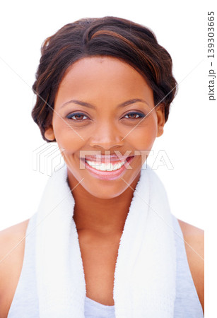 Portrait, woman and smile with towel in studio for fitness mock up on white background in New York. Black person, athlete and happy with confidence for health, exercise or hygiene with sweat cloth Portrait, woman and smile with towel in studio for fitness mock up on white background in New York. Black person, athlete and happy with confidence for health, exercise or hygiene with sweat cloth 139303665