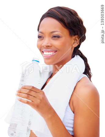 Black woman, fitness and water with thinking and smile from sport, workout and training in studio. Happy, healthy and African female athlete with wellness and drink after gym with white background Black woman, fitness and water with thinking and smile from sport, workout and training in studio. Happy, healthy and African female athlete with wellness and drink after gym with white background 139303669