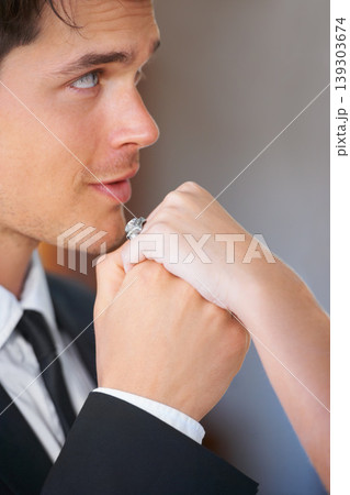 Man, face and hand at wedding ceremony, event and union for loyalty, trust or commitment. People, couple or groom with rings for love, partnership or celebration kiss for marriage, romance or promise 139303674