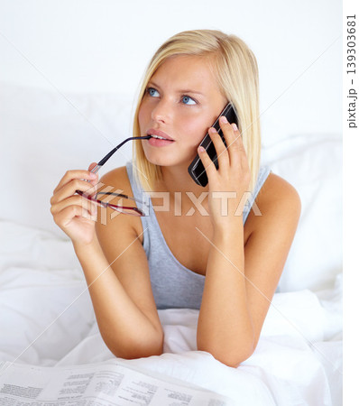 Phone call, newspaper and woman with connection, thinking and internet with communication, home and information. Person, apartment and girl with smartphone, contact and bedroom with ideas or planning Phone call, newspaper and woman with connection, thinking and internet with communication, home and information. Person, apartment and girl with smartphone, contact and bedroom with ideas or planning 139303681