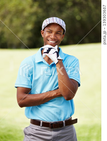 Thinking, sports and man golfer with smile for positive, good and confident attitude on field. Happy, fitness and African male athlete or player on an outdoor course for tournament or competition. Thinking, sports and man golfer with smile for positive, good and confident attitude on field. Happy, fitness and African male athlete or player on an outdoor course for tournament or competition. 139303687