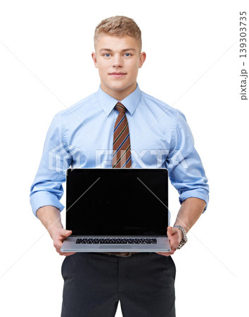 Portrait, business man and laptop screen in studio for presentation, information and promotion coming soon. Computer, mockup space and corporate ambassador advertising email offer on white background 139303735