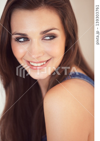 Woman, smiling and happy with beauty, makeup and cosmetics with pose, confident and face. Skin, foundation and glow with hair, eyes and young model for cosmetology, dermatology and beautiful Woman, smiling and happy with beauty, makeup and cosmetics with pose, confident and face. Skin, foundation and glow with hair, eyes and young model for cosmetology, dermatology and beautiful 139303761