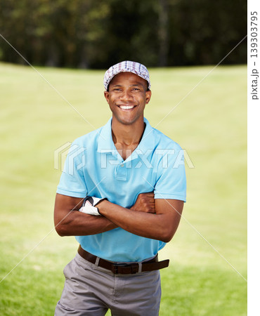 Happy, sports and portrait of man golfer with positive, good and confident attitude on field. Smile, fitness and African male athlete or player on an outdoor course for tournament or competition 139303795