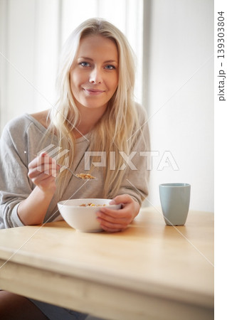 Portrait, home and woman with breakfast, cereal and start the day with nutrition, coffee and morning. Face, person and girl with a bowl, tea and eating with food, wellness and healthy with a smile Portrait, home and woman with breakfast, cereal and start the day with nutrition, coffee and morning. Face, person and girl with a bowl, tea and eating with food, wellness and healthy with a smile 139303804