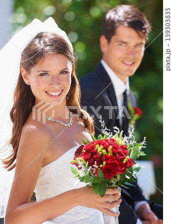 Happy couple, portrait and wedding with bouquet of roses for love, care or just married at outdoor ceremony. Face of bride and groom smile for marriage, engagement or commitment together with flowers Happy couple, portrait and wedding with bouquet of roses for love, care or just married at outdoor ceremony. Face of bride and groom smile for marriage, engagement or commitment together with flowers 139303835