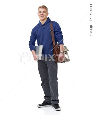 Briefcase, laptop and portrait of man in studio with elegant, stylish and fancy outfit. Fashion, computer and happy young male model with cool and modern student style isolated by white background. Briefcase, laptop and portrait of man in studio with elegant, stylish and fancy outfit. Fashion, computer and happy young male model with cool and modern student style isolated by white background. 139303844