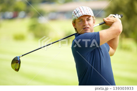 Sports, swing and man on golf course with club for playing game, practice and training for competition. Professional golfer, grass and person with golfing driver for winning with hit, stroke or score Sports, swing and man on golf course with club for playing game, practice and training for competition. Professional golfer, grass and person with golfing driver for winning with hit, stroke or score 139303933