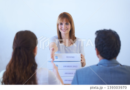 Woman, management or handshake in interview for welcome, onboarding and hiring in office or workplace. Business, professional and people with documents, paperwork or shaking hands in meeting or smile Woman, management or handshake in interview for welcome, onboarding and hiring in office or workplace. Business, professional and people with documents, paperwork or shaking hands in meeting or smile 139303970