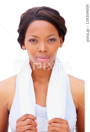 Portrait, woman and fitness for towel in studio for hygiene mock up on white background in New York. Black person, athlete and sweat cloth with determined or serious face for health with exercise Portrait, woman and fitness for towel in studio for hygiene mock up on white background in New York. Black person, athlete and sweat cloth with determined or serious face for health with exercise 139304009
