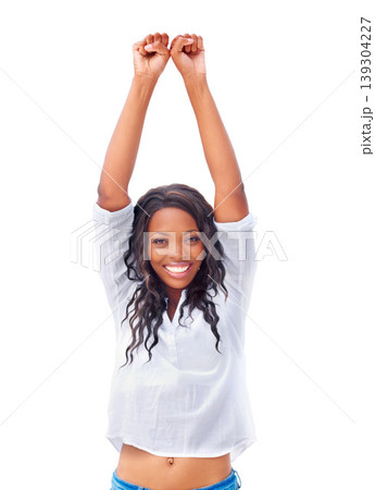 Portrait, happy woman and fist up in studio for positivity mock up on white background in New York. Black person, smile and excited emoji with encouragement, support or unity for empowerment in space Portrait, happy woman and fist up in studio for positivity mock up on white background in New York. Black person, smile and excited emoji with encouragement, support or unity for empowerment in space 139304227