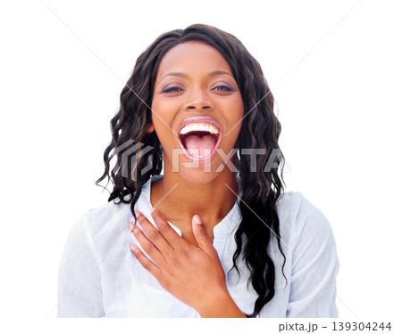 Woman, portrait and laughing happy in studio for funny joke, humor comedy or positivity. Black person, model and face for smile confidence cheerful on white background or mockup space, meme or joy 139304244