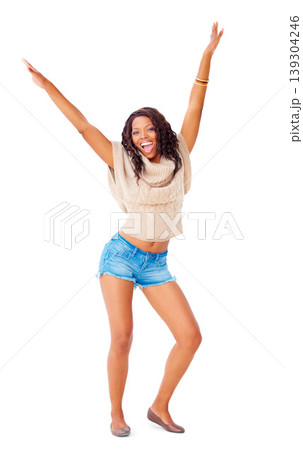 Woman, portrait and smile celebrate in studio for good news positivity, joy or excitement. Black person, model and white background mockup space as hand gesture for wow announcement, surprise or pose 139304246