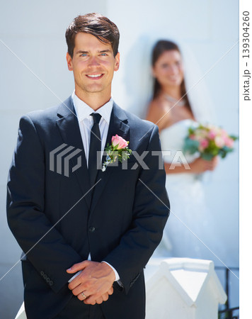 Man, groom and smile in portrait, outside and commitment for marriage, positive and elegant. Male person, face and outdoor wedding, love and romance for relationship, husband and joy for event Man, groom and smile in portrait, outside and commitment for marriage, positive and elegant. Male person, face and outdoor wedding, love and romance for relationship, husband and joy for event 139304260