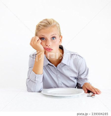 Hungry, portrait and woman with a plate in a studio with upset, frustrated and grumpy face. Bored, moody and young female person from Australia with dish and cutlery isolated by white background. Hungry, portrait and woman with a plate in a studio with upset, frustrated and grumpy face. Bored, moody and young female person from Australia with dish and cutlery isolated by white background. 139304285