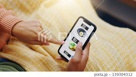 Phone, screen and hands of couple with fast food app, delivery or choice closeup in their home. Smartphone, display and people with online shopping, menu or search for brunch, decision or takeaway 139304312