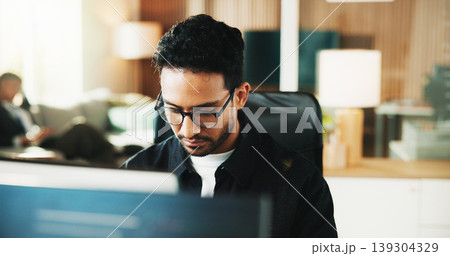 Computer, research and programmer with business man in office for web developer, code or database. Software engineer, firewall update and coding system with person in tech startup for online solution 139304329