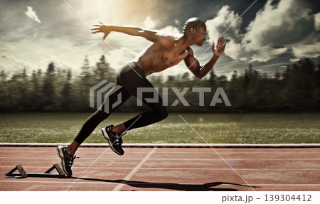 Man, runner and starting line for sprint, cardio and ready for marathon, track and race or competition. Black male person, training and exercising or speed, practice and athlete or fitness for body 139304412