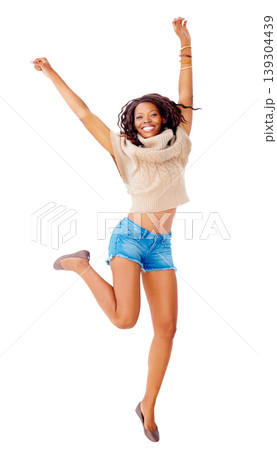 Portrait, happy woman and jump in studio with promo mock up on white background in New York. Black person, smile and excited emoji with energy, movement or gesture for announcement, deal and info Portrait, happy woman and jump in studio with promo mock up on white background in New York. Black person, smile and excited emoji with energy, movement or gesture for announcement, deal and info 139304439