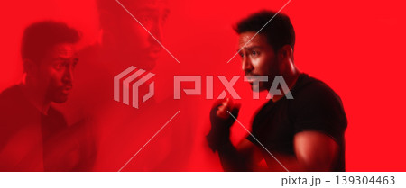 Boxing, fitness and man in studio with double exposure for training, workout or wellness. Banner, sports and athlete with fighting challenge for cardio exercise, health or practice by red background. Boxing, fitness and man in studio with double exposure for training, workout or wellness. Banner, sports and athlete with fighting challenge for cardio exercise, health or practice by red background. 139304463