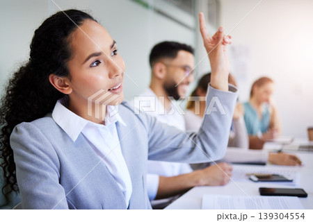 Seminar woman, business people and hand raised to ask questions about project report, presentation speech or sales pitch. Row, tradeshow crowd and group employee engagement at conference convention Seminar woman, business people and hand raised to ask questions about project report, presentation speech or sales pitch. Row, tradeshow crowd and group employee engagement at conference convention 139304554