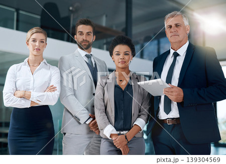 Teamwork, tablet or portrait of business people in office together in collaboration or company. Diversity, corporate staff or confident employees planning a group mission in meeting or workplace 139304569