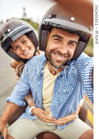 Couple, scooter and selfie for fun, adventure and vacation or holiday, romance and embrace in portrait. Happy people, freedom and motorcycle in outdoors, travel and explore for tourism, hug or free Couple, scooter and selfie for fun, adventure and vacation or holiday, romance and embrace in portrait. Happy people, freedom and motorcycle in outdoors, travel and explore for tourism, hug or free 139304582