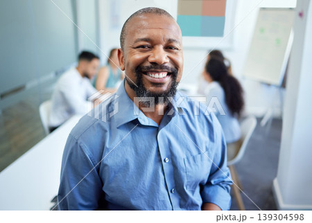 Meeting, teamwork and portrait of business black man for conversation, collaboration and discussion. Corporate, company and face of person with staff for leadership, planning and project feedback 139304598