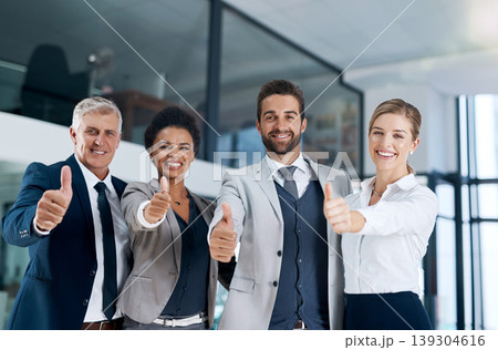 Portrait, thumbs up or group of business people in agreement, support or collaboration together in office. Community, teamwork or happy employees smile with diversity, yes sign or like hand gesture 139304616