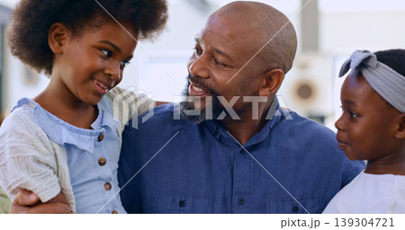 Home, black family and father with girls, hug and conversation with love, happiness and weekend break. Apartment, dad and children in a lounge, bonding together and joy with vacation, embrace or talk Home, black family and father with girls, hug and conversation with love, happiness and weekend break. Apartment, dad and children in a lounge, bonding together and joy with vacation, embrace or talk 139304721