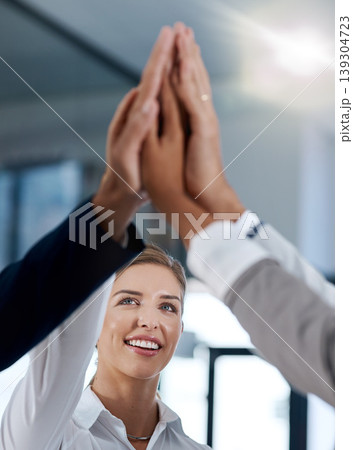Happy woman, success or hands of business people high five in celebration of goals, mission or teamwork. Partnership, smile or excited workers in office for motivation, solidarity or winning a deal 139304723