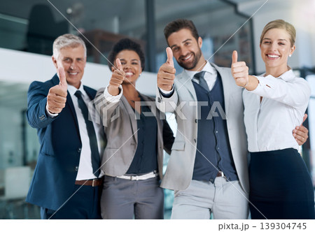 Portrait, thumbs up or happy business people in agreement, support or collaboration together in office. Community, teamwork or group of proud employees with diversity, yes sign or like hand gesture Portrait, thumbs up or happy business people in agreement, support or collaboration together in office. Community, teamwork or group of proud employees with diversity, yes sign or like hand gesture 139304745