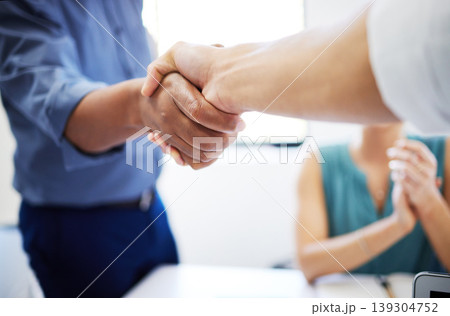 Business meeting, professional people and hand shake for negotiation success, B2B deal or company acquisition. Human resources, closeup and HR manager handshake for onboarding, promotion or hiring 139304752