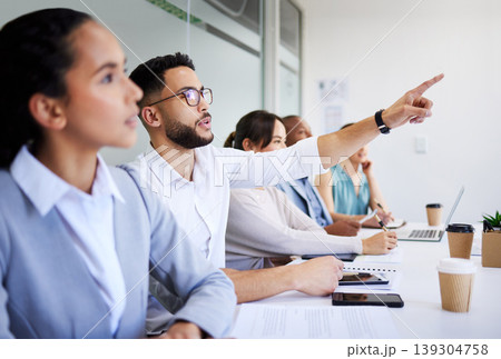 Seminar man, business people audience and pointing at project report, presentation info or asking questions. Employee engagement, trade show and conference crowd feedback on group convention meeting 139304758