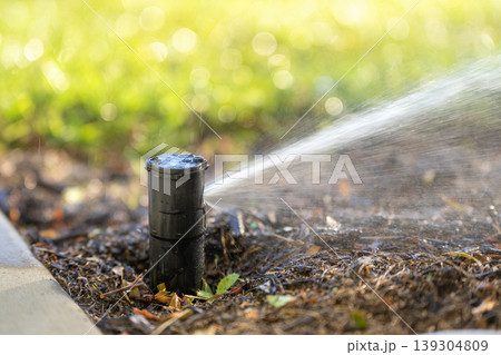 Lawn grass watering with automated sprinkler. Keeping green backyard during dry season Lawn grass watering with automated sprinkler. Keeping green backyard during dry season 139304809