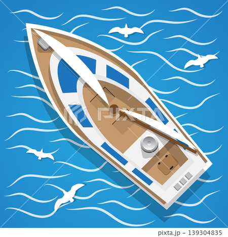 Yacht sailing on the waves. View from above. Vector illustration. Yacht sailing on the waves. View from above. Vector illustration. 139304835
