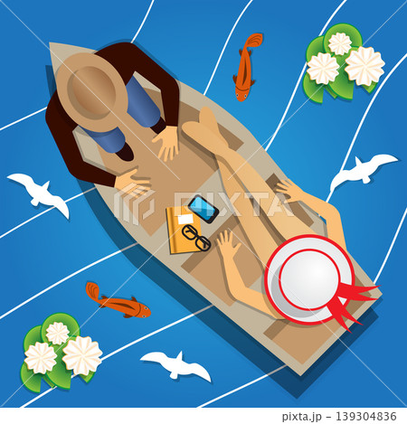 The guy with the girl in the boat. View from above. Vector illustration. The guy with the girl in the boat. View from above. Vector illustration. 139304836