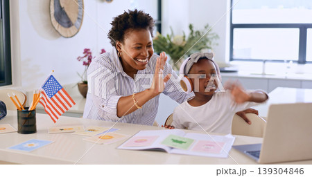 Child, woman or video call with laptop for education, streaming or home school for distance learning. Black people, mother or daughter for wave by kitchen counter, pc or online class for kindergarten 139304846