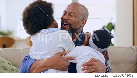 Black family, love and hug on a sofa with care, security or trust in their home together. Smile, support or father embrace excited girl children in living room on day off, vacation or weekend Black family, love and hug on a sofa with care, security or trust in their home together. Smile, support or father embrace excited girl children in living room on day off, vacation or weekend 139304908
