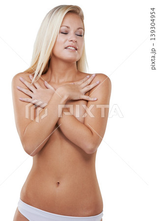 Skincare, bare and woman with beauty, confidence and positivity isolated on white studio background. Person, girl and model with wellness, mockup space and shine with underwear, glowing and promotion 139304954