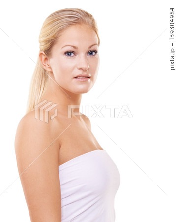 Portrait, cosmetics and woman with beauty, skincare and dermatology isolated on white studio background. Face, person or model with self care, confidence and grooming with mockup space, glow or shine 139304984