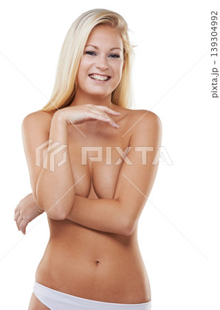 Portrait, positive and woman with a smile, body and happiness isolated on a white studio background. Person, girl and model with skincare, self love and joy with mockup space, health and bare Portrait, positive and woman with a smile, body and happiness isolated on a white studio background. Person, girl and model with skincare, self love and joy with mockup space, health and bare 139304992