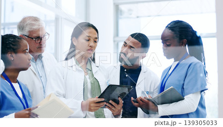 Nurses, doctors and tablet for teamwork, hospital management and healthcare planning or research in window. Professional mentor, leader and group of medical people on digital technology and notebook Nurses, doctors and tablet for teamwork, hospital management and healthcare planning or research in window. Professional mentor, leader and group of medical people on digital technology and notebook 139305033