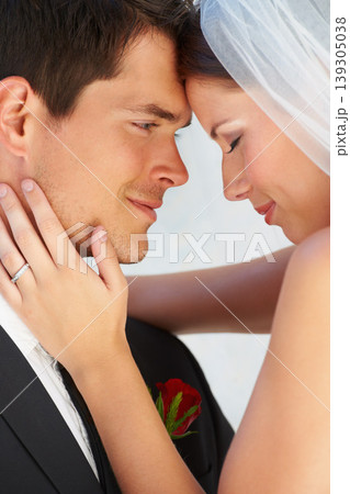 Face, woman and man embrace at wedding with smile, love and commitment for couple at reception. Romance, bride and groom hugging at marriage celebration with happiness, loyalty and future together. 139305038